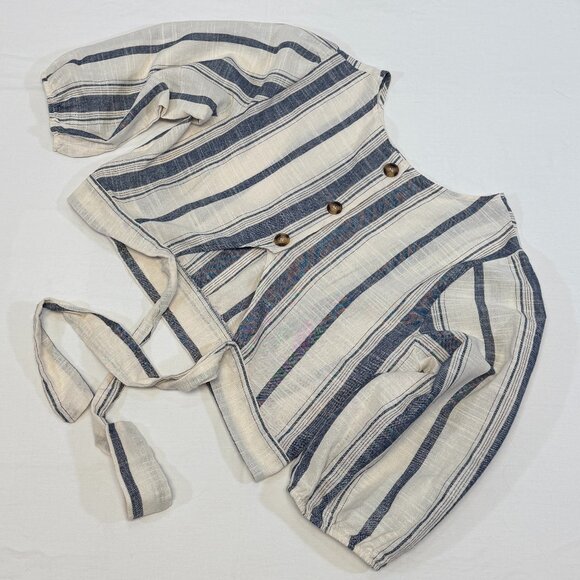 Love J Blue White Striped Crop Top L ¾ Sleeve Button Back Tie Nautical Chic Cool - Picture 9 of 12